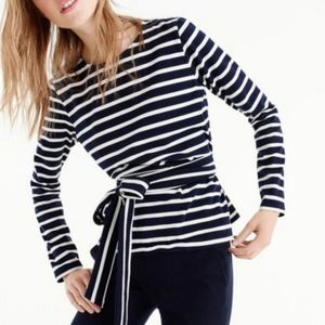 J.CREW BELTED WRAP TIE WAIST TOP LARGE NAVY BLUE WHITE STRIPE